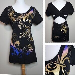BABY SKOOL Mini Dress Womens Large Bodycon Avant Garde‎ Gold Cocotte Open Back